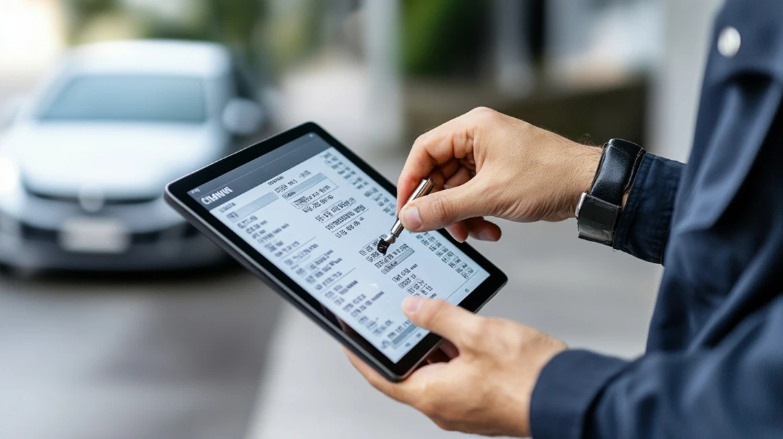 オートバックスのオイル交換料金表を確認する日本人
