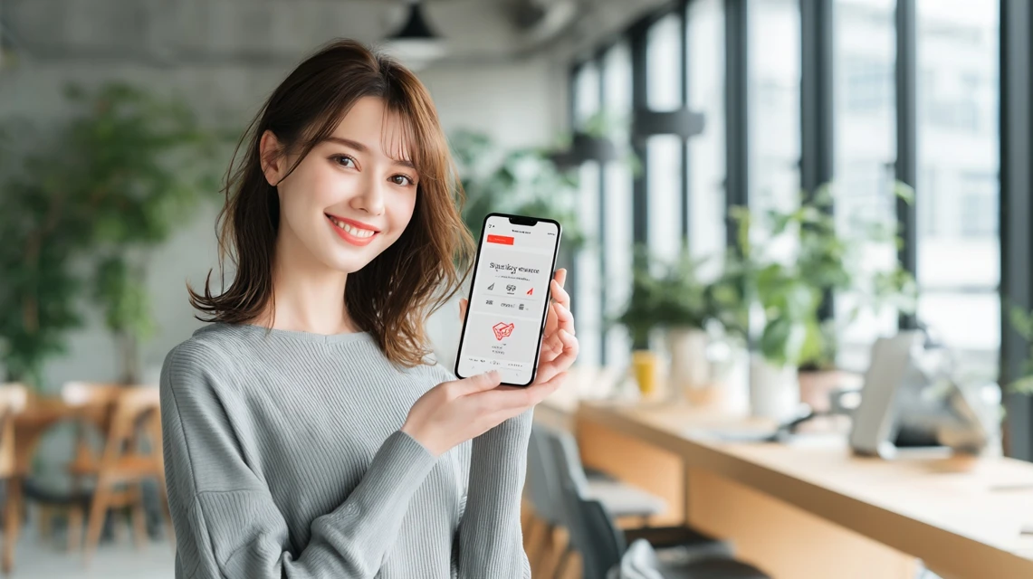 カフェで読売旅行クーポン画面を見る女性