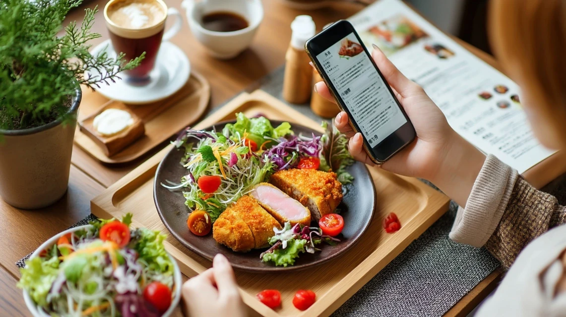 かつ銀のランチメニューを見る日本人