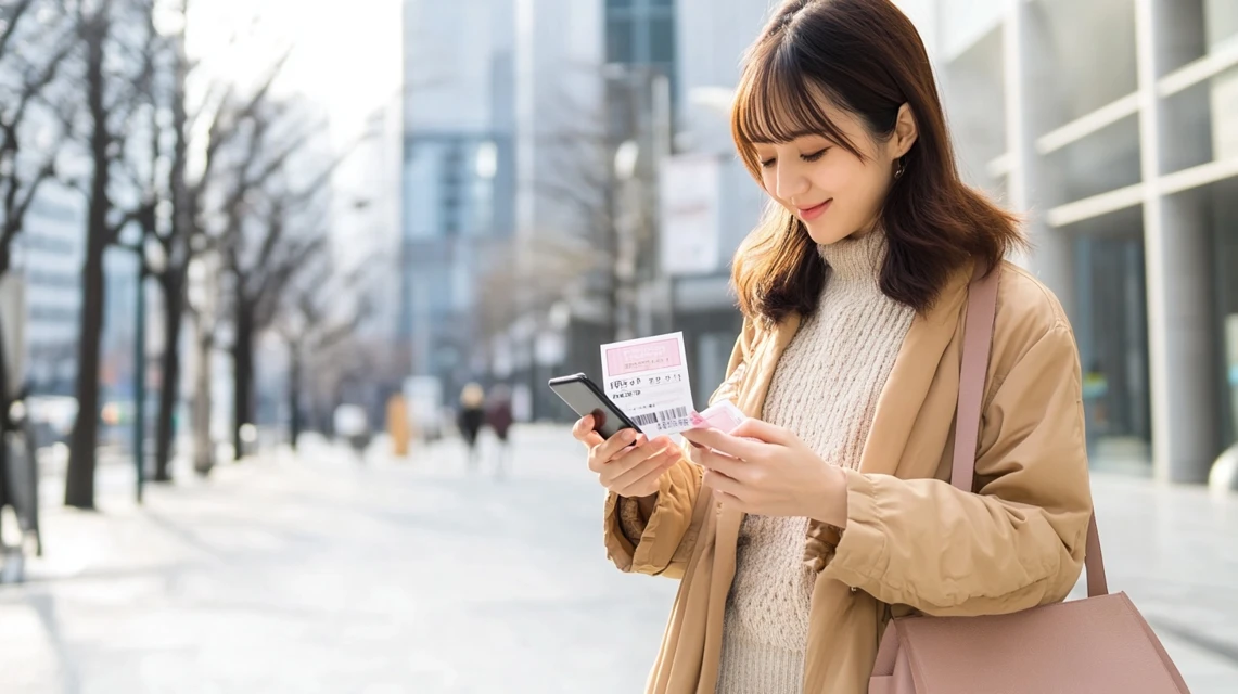 女性がスマホで割引クーポンを受信
