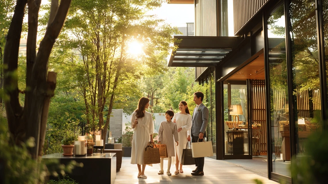 入場待ちをする日本人家族