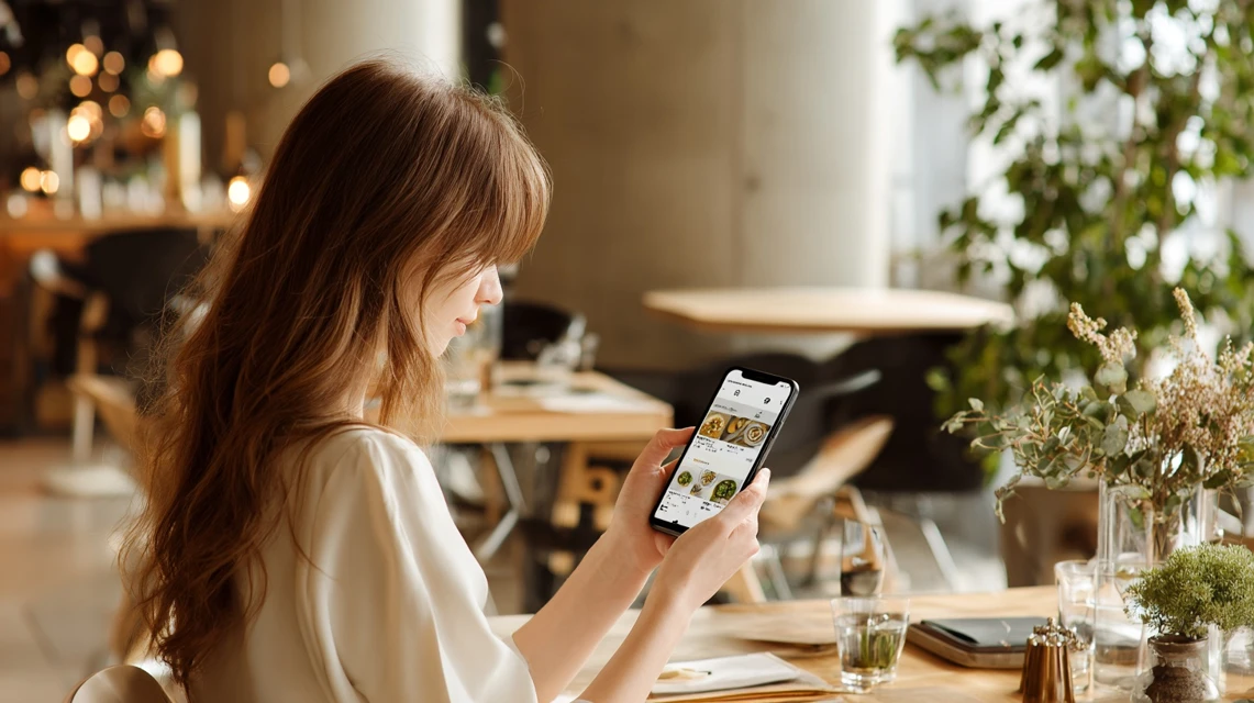 スマホ画面を真剣に見る日本人女性
