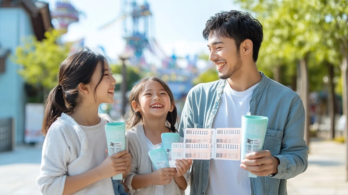 家族がチケットを手に笑顔で旅行を楽しむ