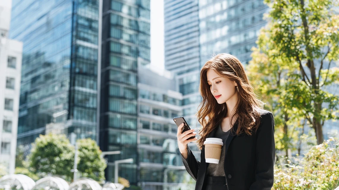 報酬残高を確認する日本人女性の画像
