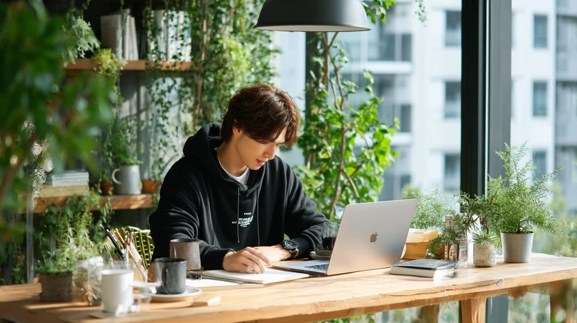 料金プランをパソコンで確認する日本人男性の横顔