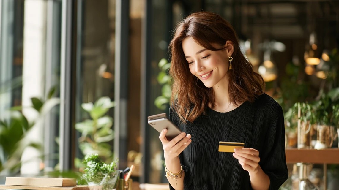 うどん札とスマホアプリを併用する日本人女性

