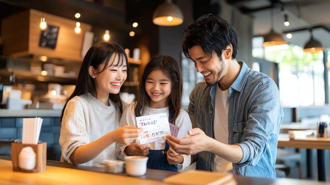 家族が割引クーポンを使い笑顔で会計中
