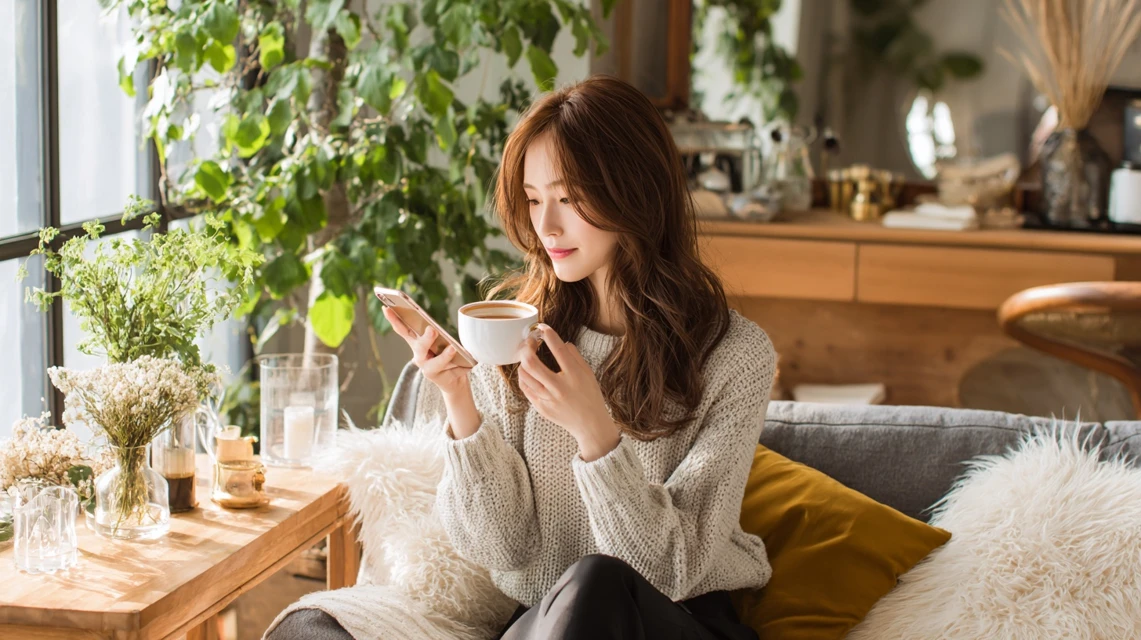 紹介割引内容を確認する日本人女性の画像
