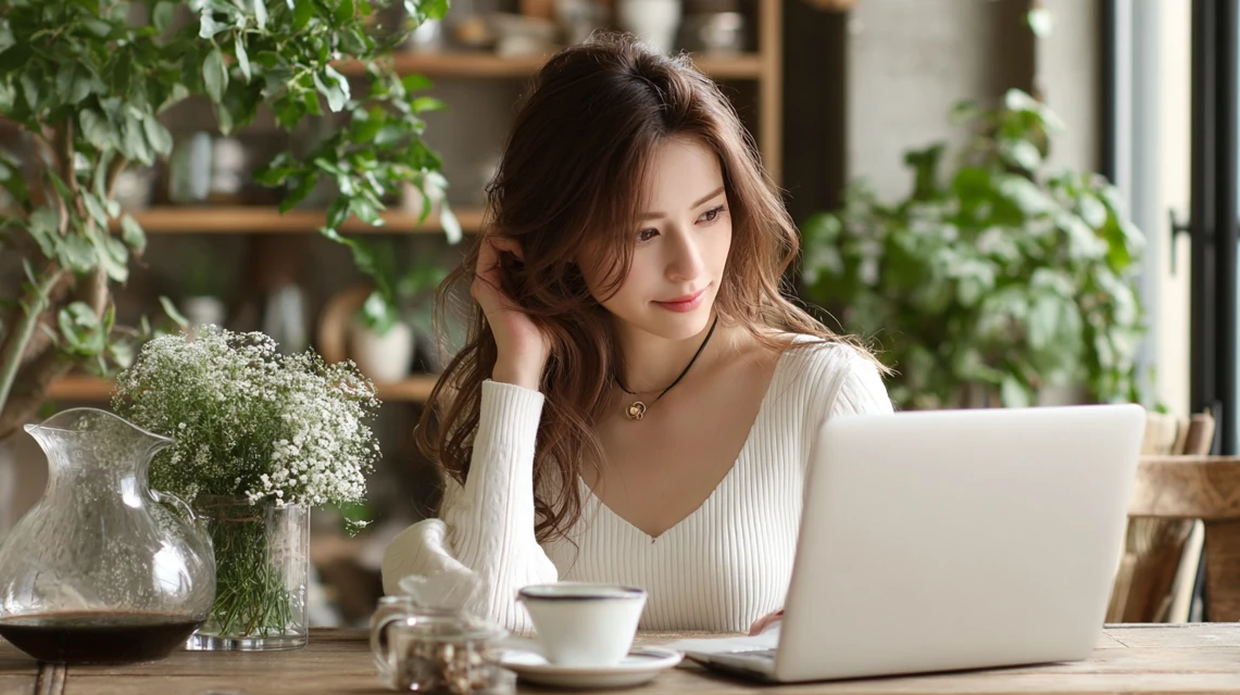 スマホでdポイント設定を確認する日本人女性