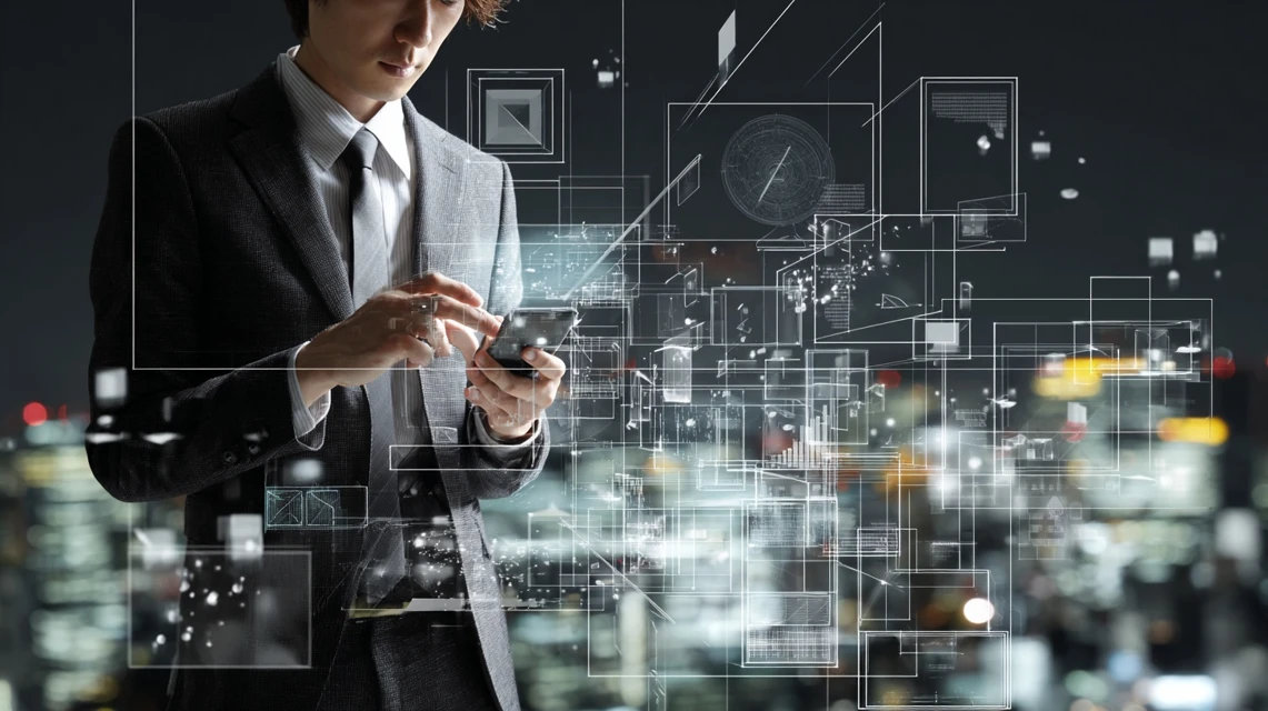 スマホ画面を見つめる日本人男性