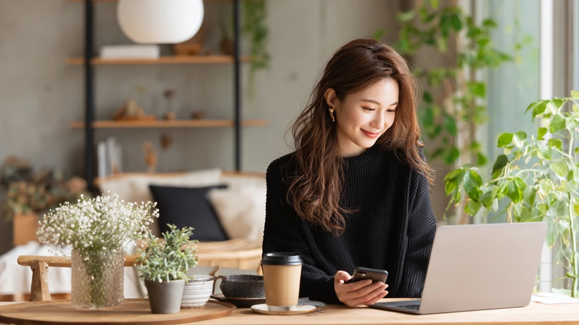 使い方と使えるお店を調べる女性