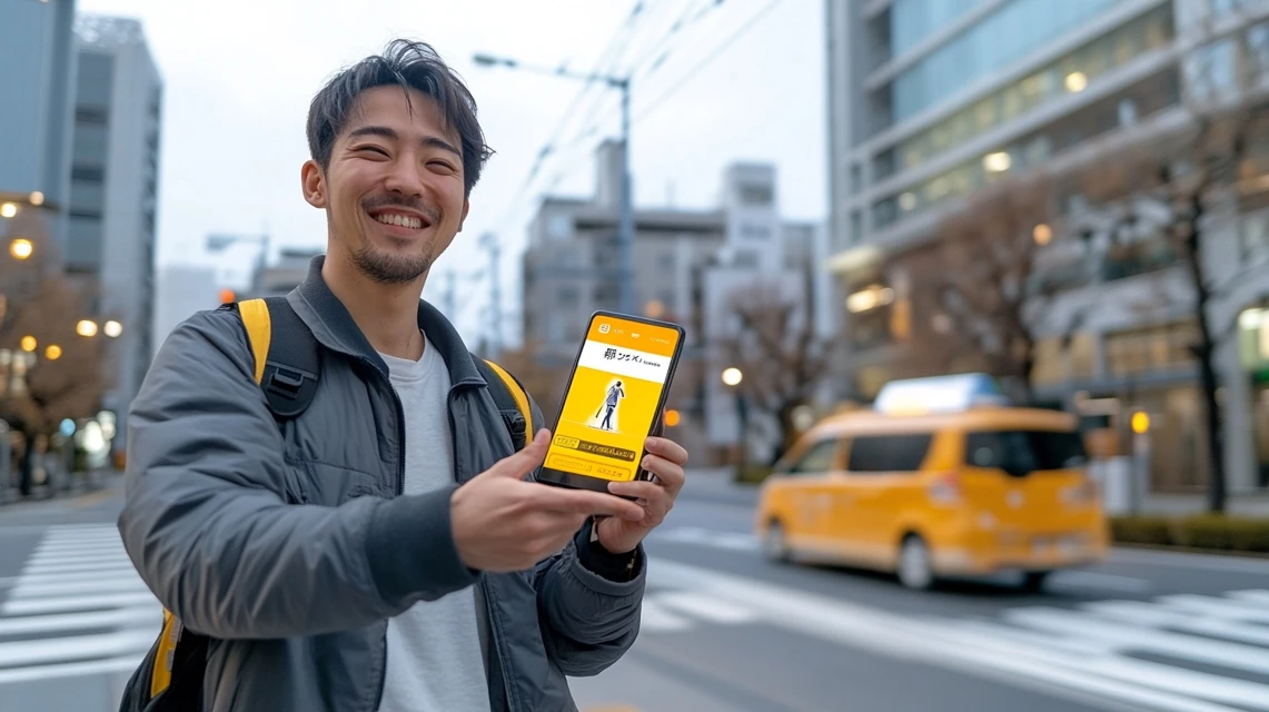 男性がクーポン適用後に笑顔で確認中