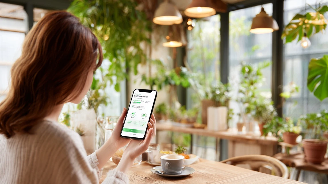 女性がLINEクーポンを確認する場面
