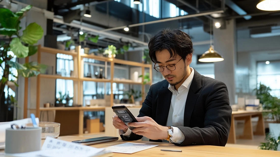 男性がスマホにクーポンコードを入力中