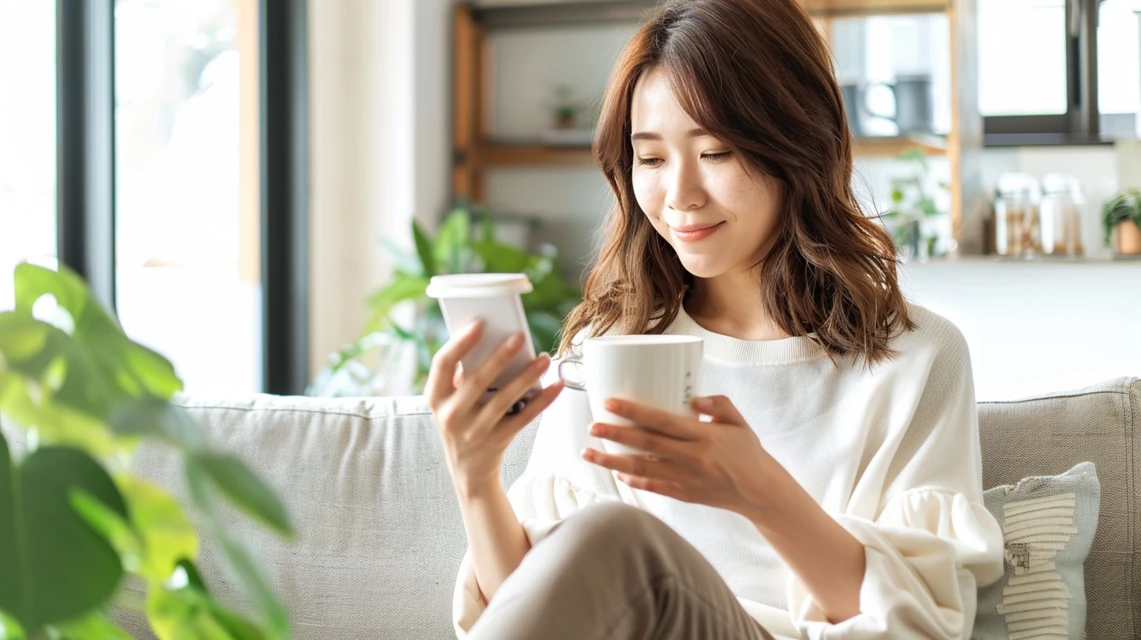 新モデル情報を見る女性が画面を見る構図