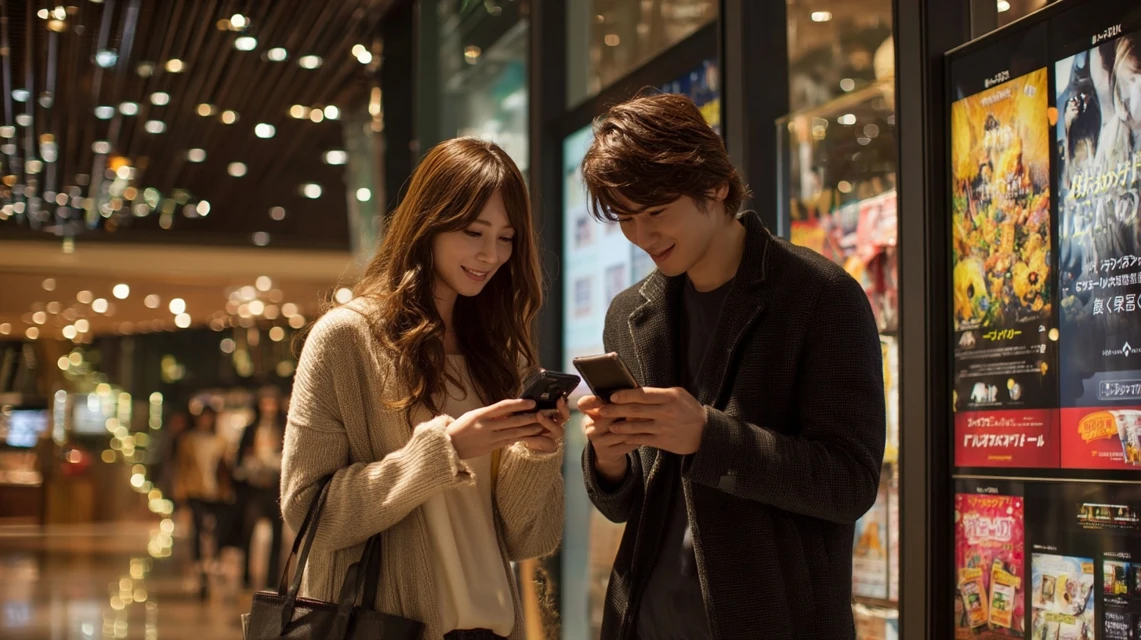 映画館前でスマホを見せ合う日本人カップル