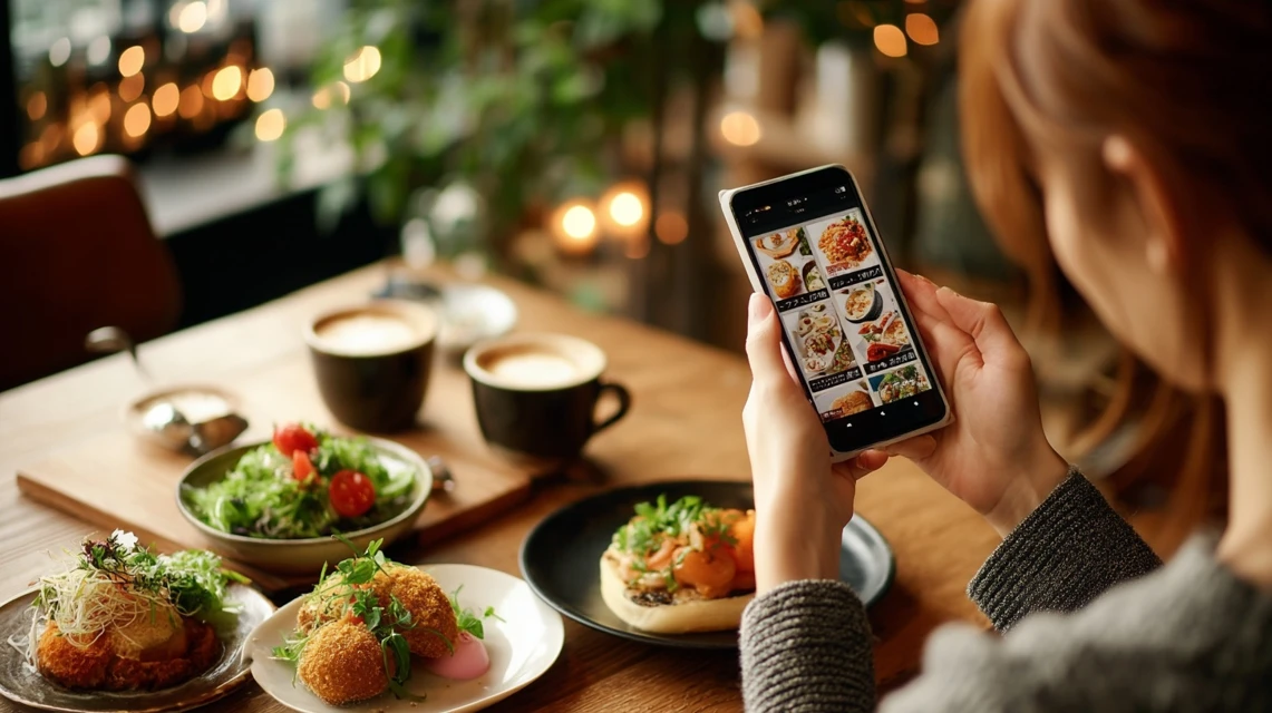 スマホでかつ銀の予約特典を探す女性