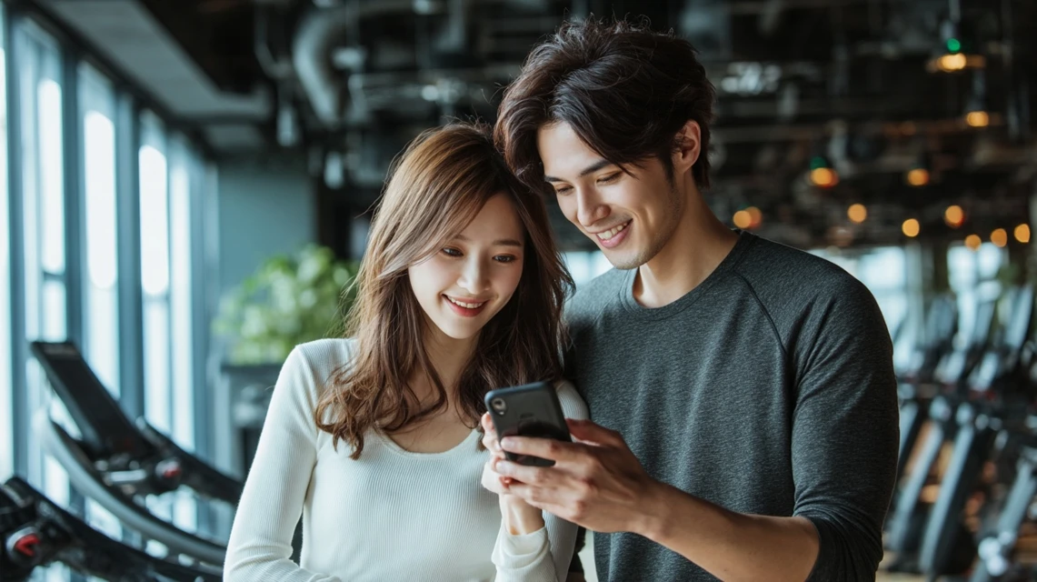 スマートフォンを見ながら笑顔でうなずく日本人カップル