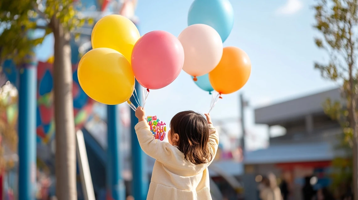 子どもが遊園地で誕生日を祝う明るい場面