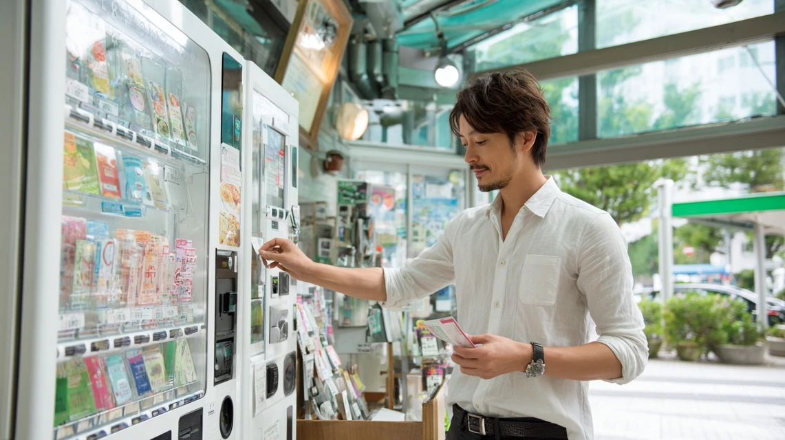 コンビニ端末でチケットを購入する男性