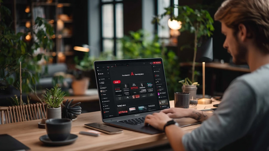ノートパソコンで動画プランを見る日本人男性