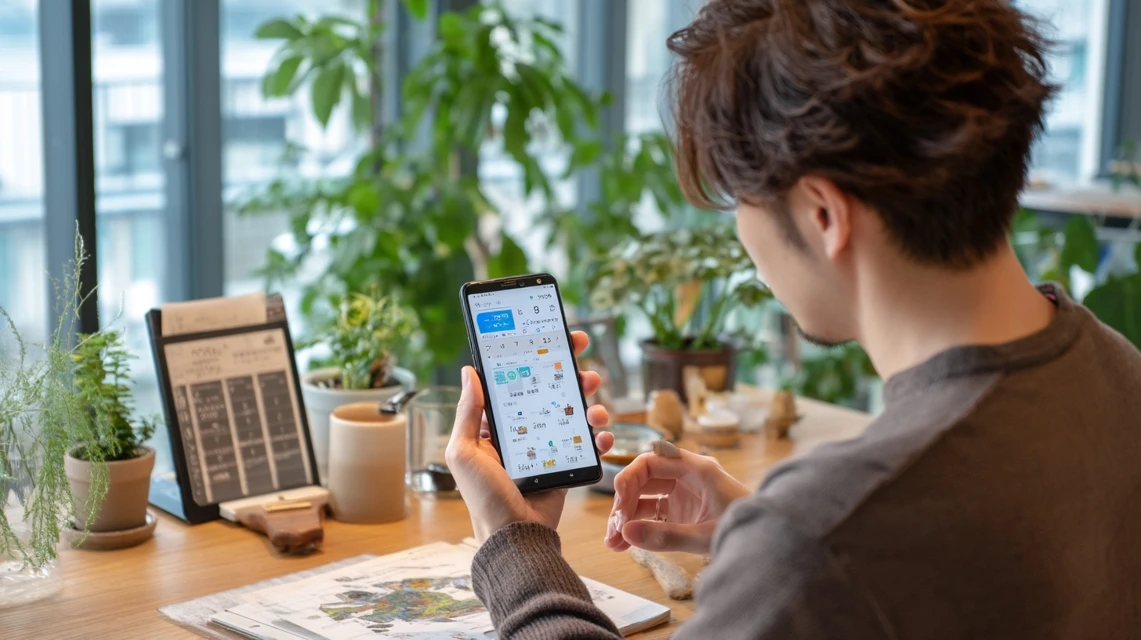 秋のカレンダーを見ながらスマホを操作する日本人男性