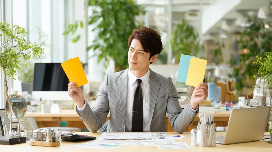 2枚のクーポンを比較する日本人男性