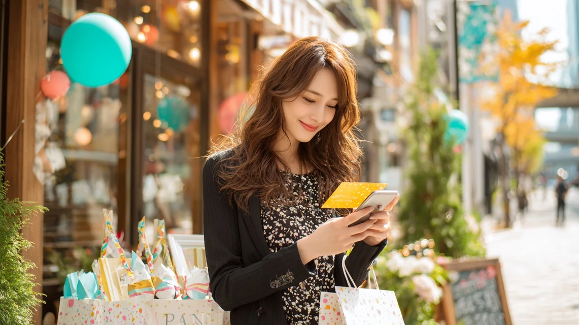 誕生日特典をスマホで確認する笑顔の女性