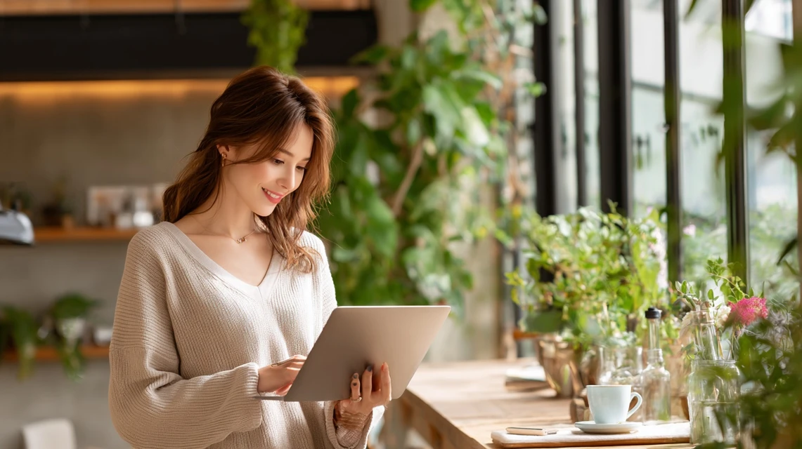 カフェで口コミを読む日本人女性