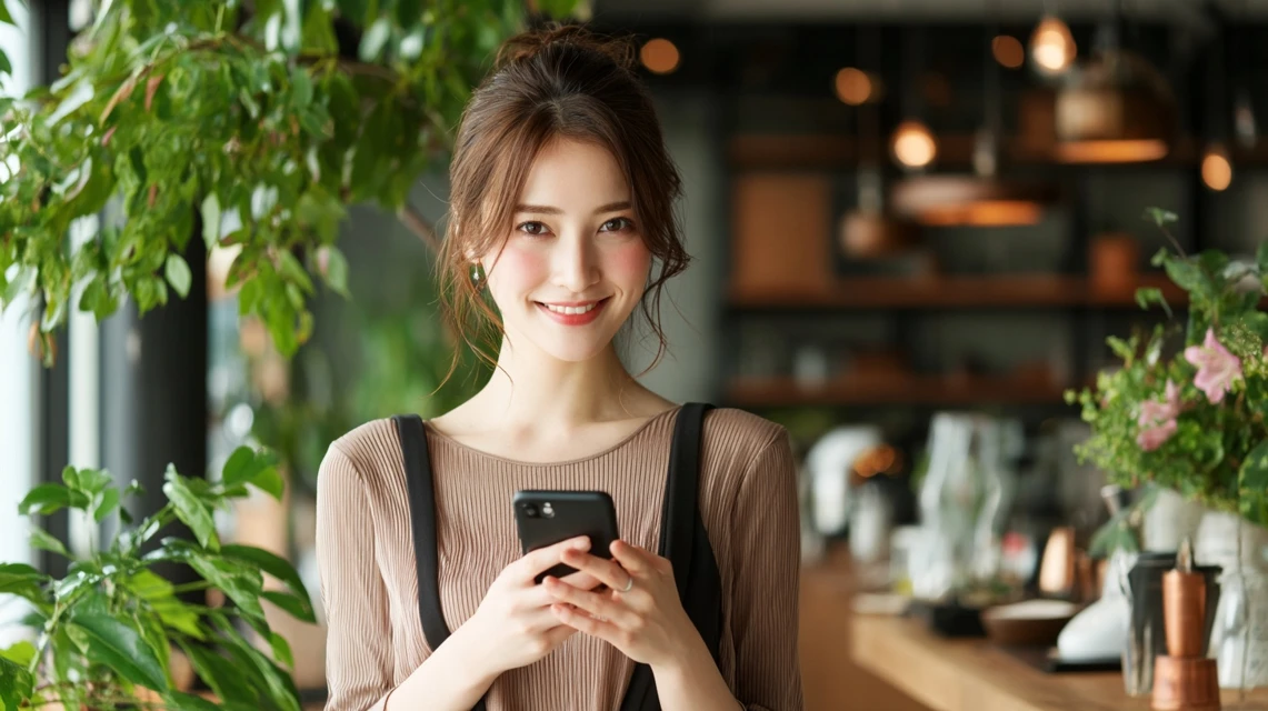 クーポンで割引を確認して満足そうな日本人女性