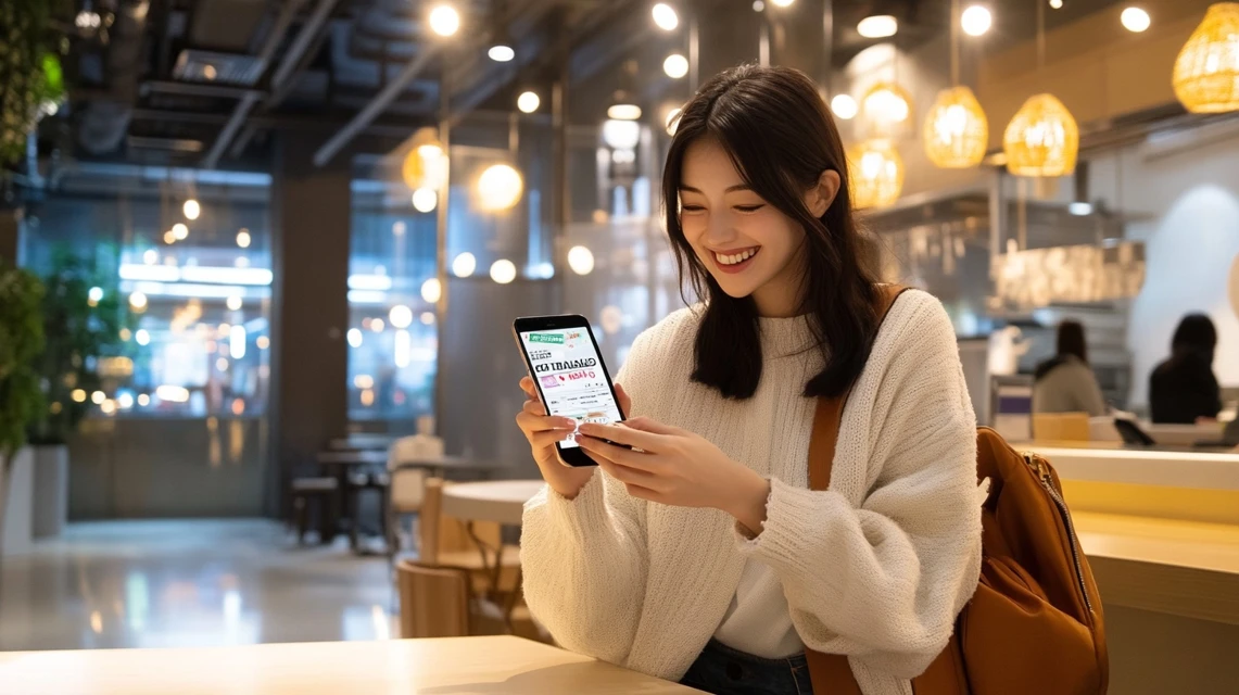 女性がスマホでdポイント通知を確認中