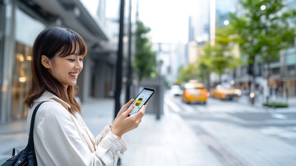 女性がスマホでタクシーを予約している