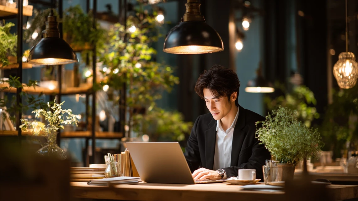 パソコンで店舗と条件を調べる男性