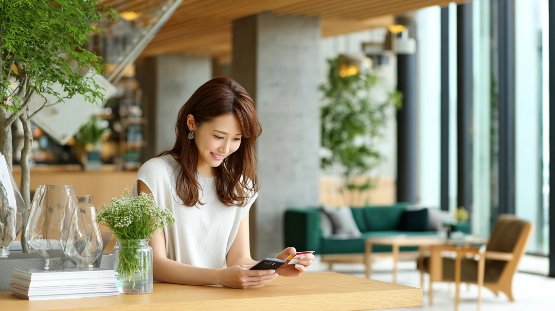 Onスニーカーブランドを調べる日本人女性