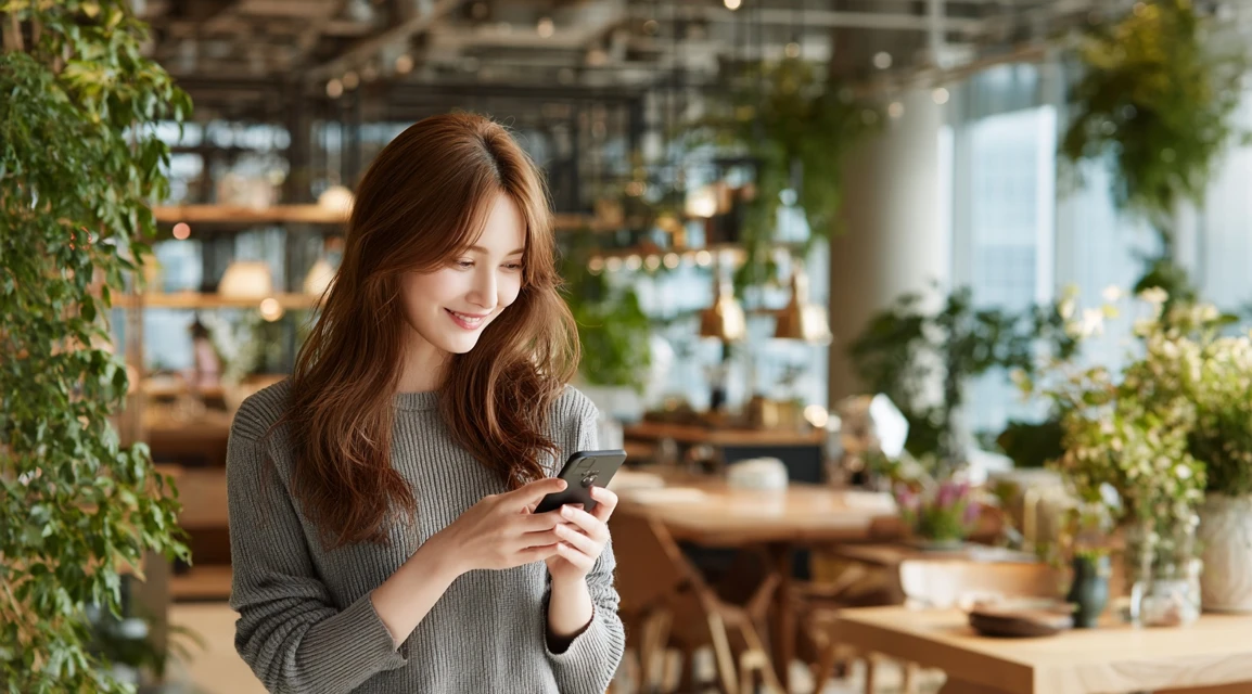 スシローのクーポン条件をスマホで比較する日本人女性