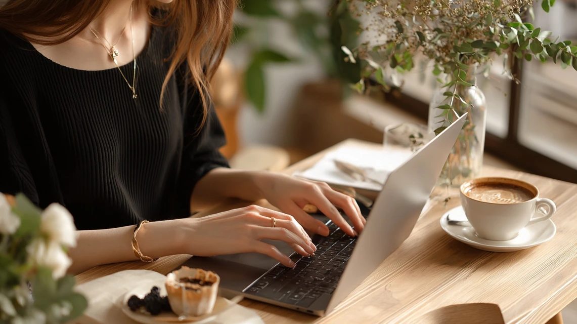 会員特典を調べる女性がパソコンを見る姿