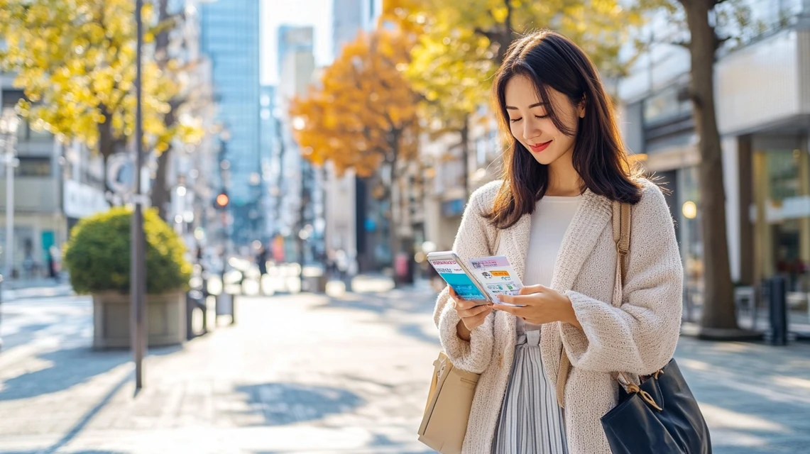 女性がアプリ画面でクーポンを探す場面