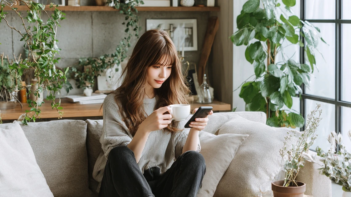 女性がセール情報をチェックする画像