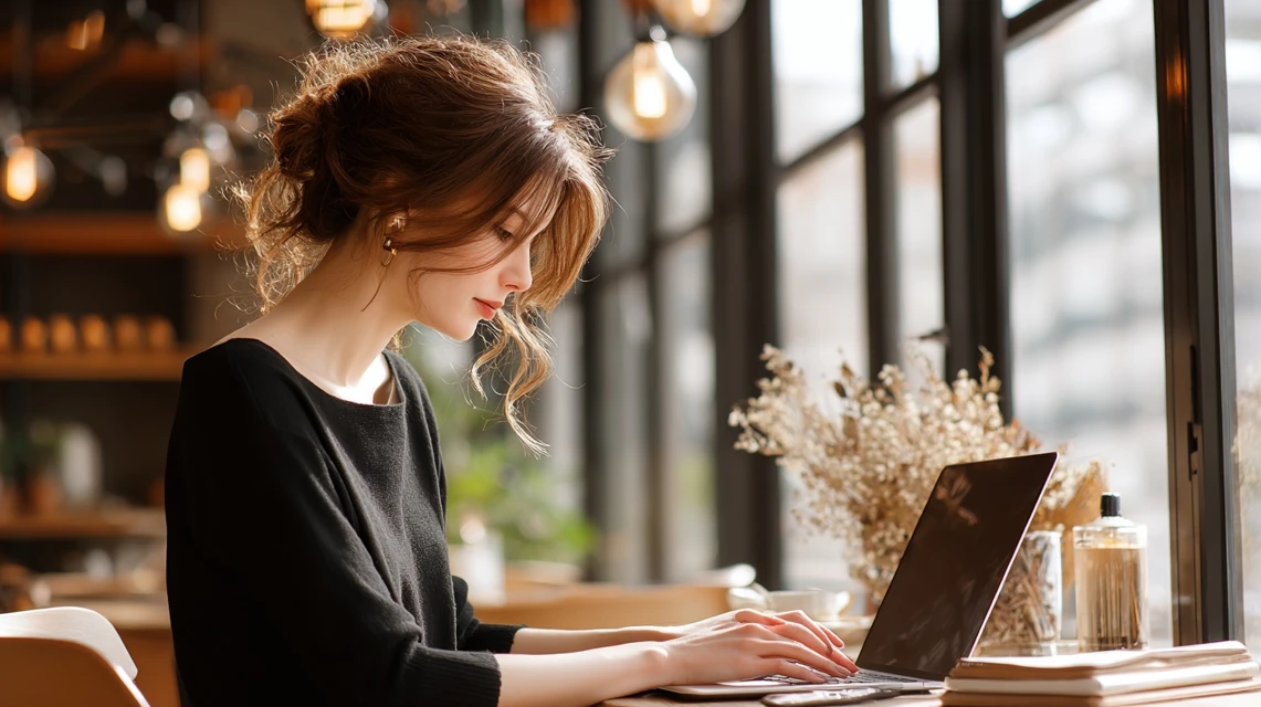 割引条件をチェックする日本人女性の画像
