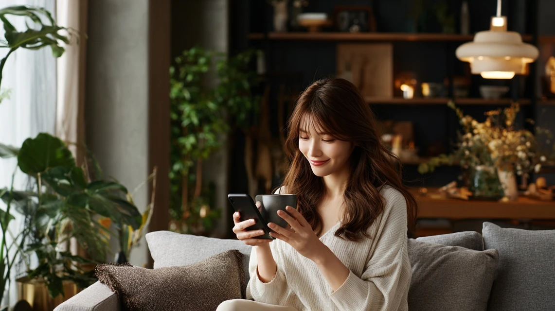 割引配布場所を調べる日本人女性の画像
