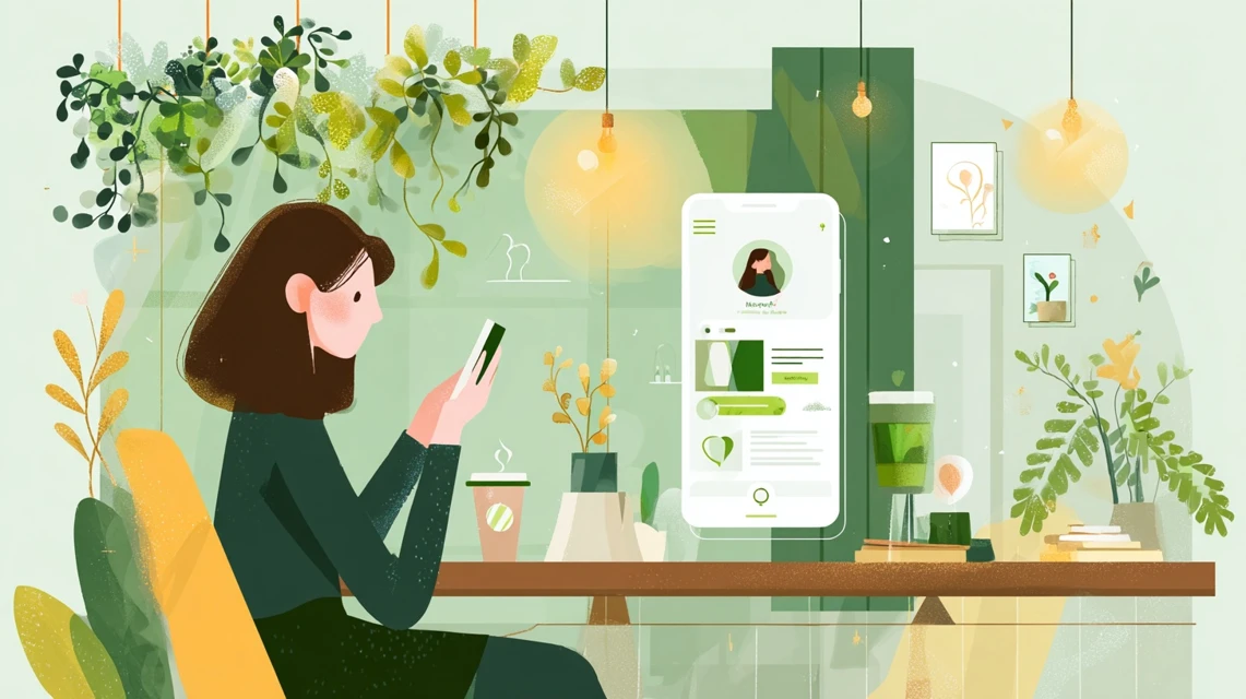 宿泊割引を確認する女性の画像