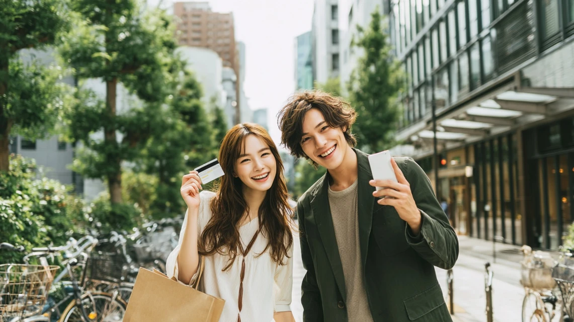 食事後に笑顔でスマホを確認する日本人カップル
