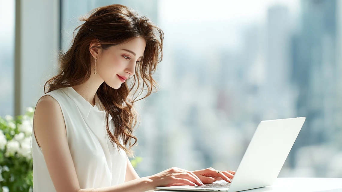 女性が領収書画面を確認する様子
