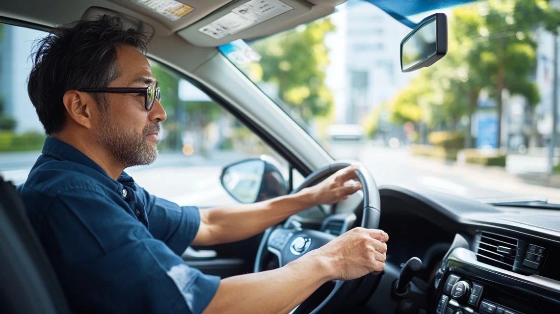 平日割引でオートバックスのオイル交換を終えた満足顔の日本人
