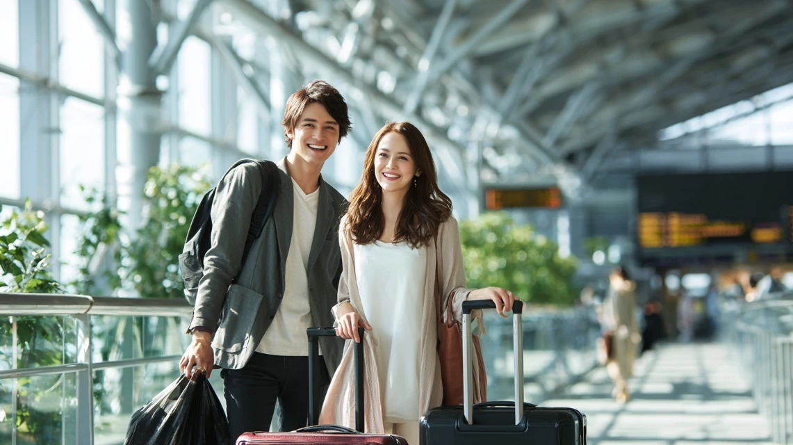 空港で旅行を楽しむ笑顔の日本人夫婦