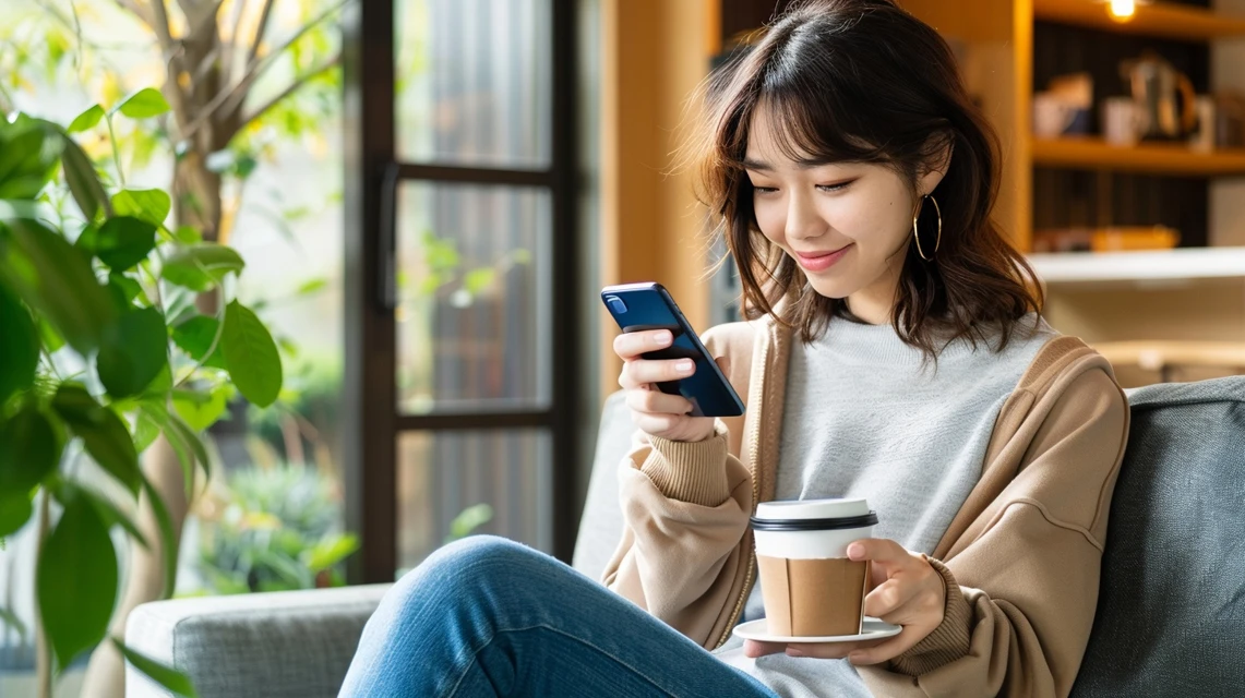 アラジン商品の特徴を調べる女性が画面を見る姿