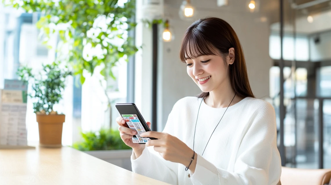 女性がスマホでお得情報を比較確認
