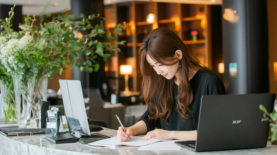 ノートパソコンで無料体験を申し込む日本人女性