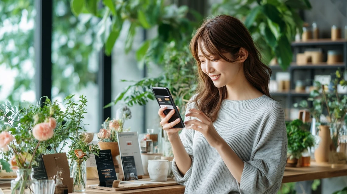 ライフフィットの特典内容をスマートフォンで確認する日本人女性