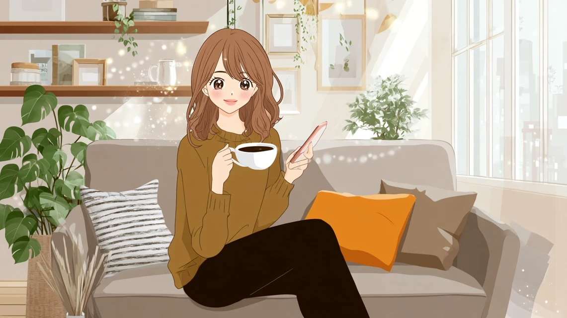 初回割引を使う女性が画面を確認する構図